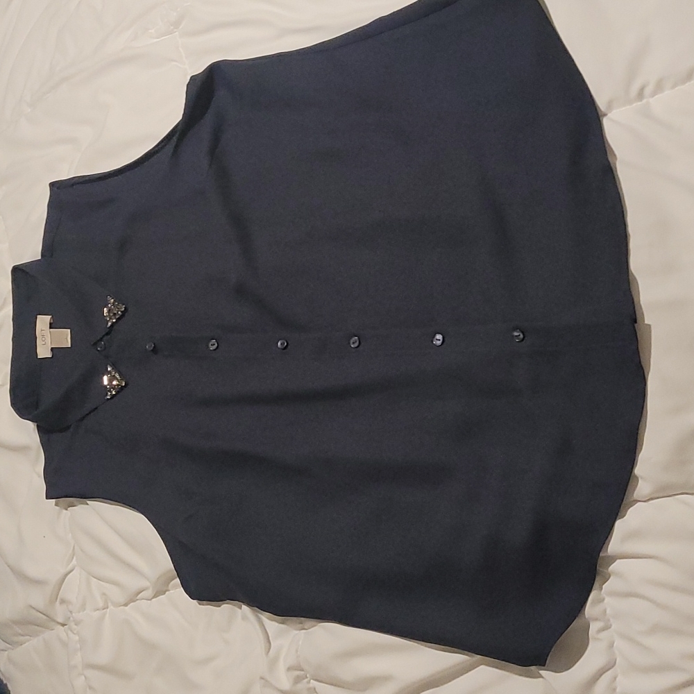 Ann Taylor Loft navy blue tank with rhinestone detail on collar